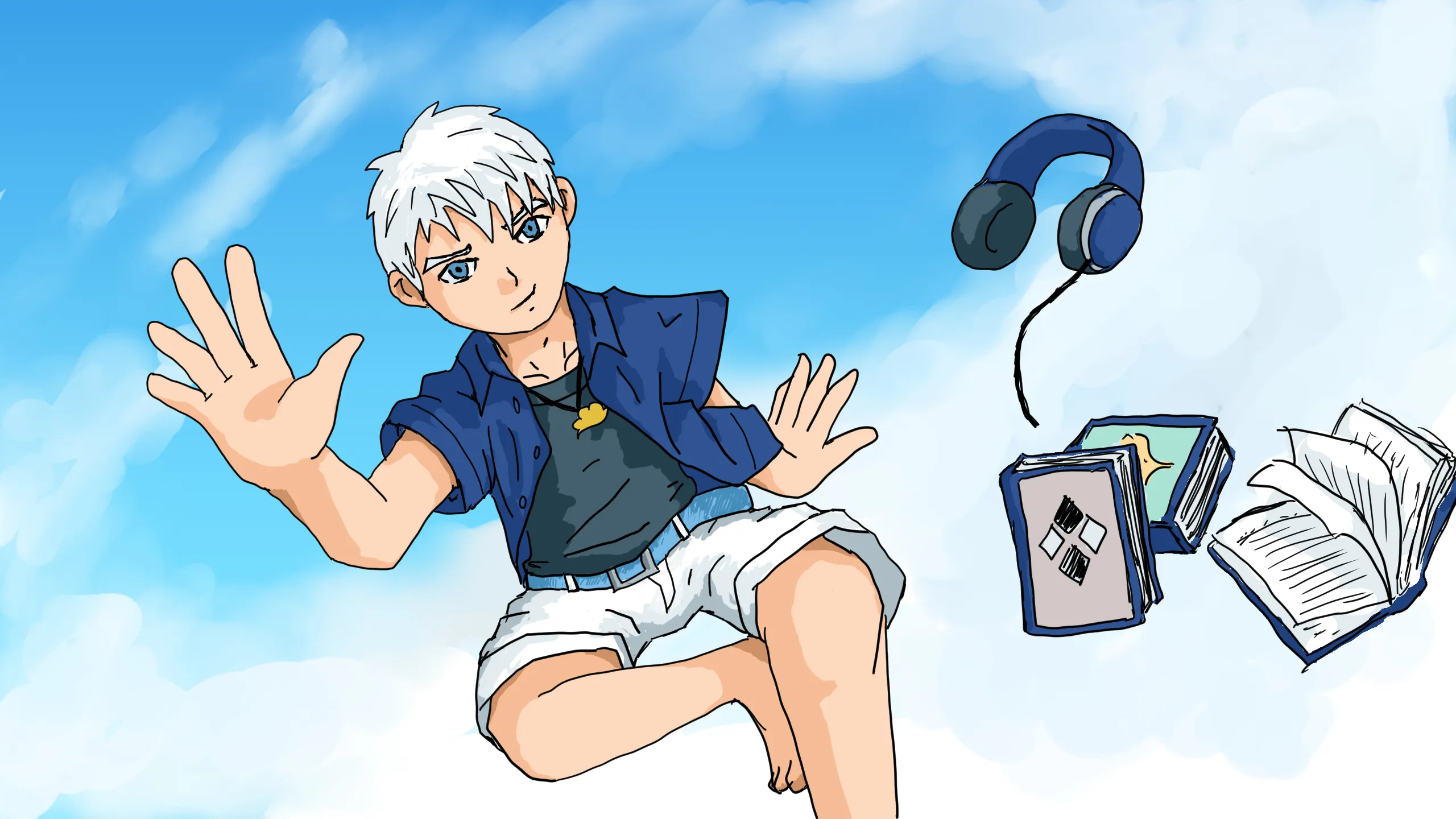 Digital drawing of a boy sitting in the clouds, waving his hand saying hello.